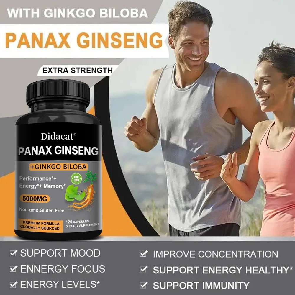 Korean Red Ginseng + Ginkgo Biloba Vegan Capsules, Non-GMO, Energy and Focus for Men and Women, Nutritional Supplements