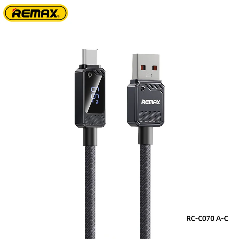 REMAX 66W Zinc Alloy Braided Usb Cable With Smart Digital Display A-C Date Cable USB-A to Type-C Fast Charging USB Cable