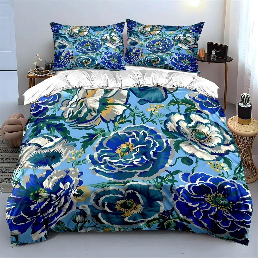 Blue Peony on a Blue Background Print Bedding Set 1 Duvet Cover 2 Pillowcases for Adult and Children Luxury Gift Full Size
