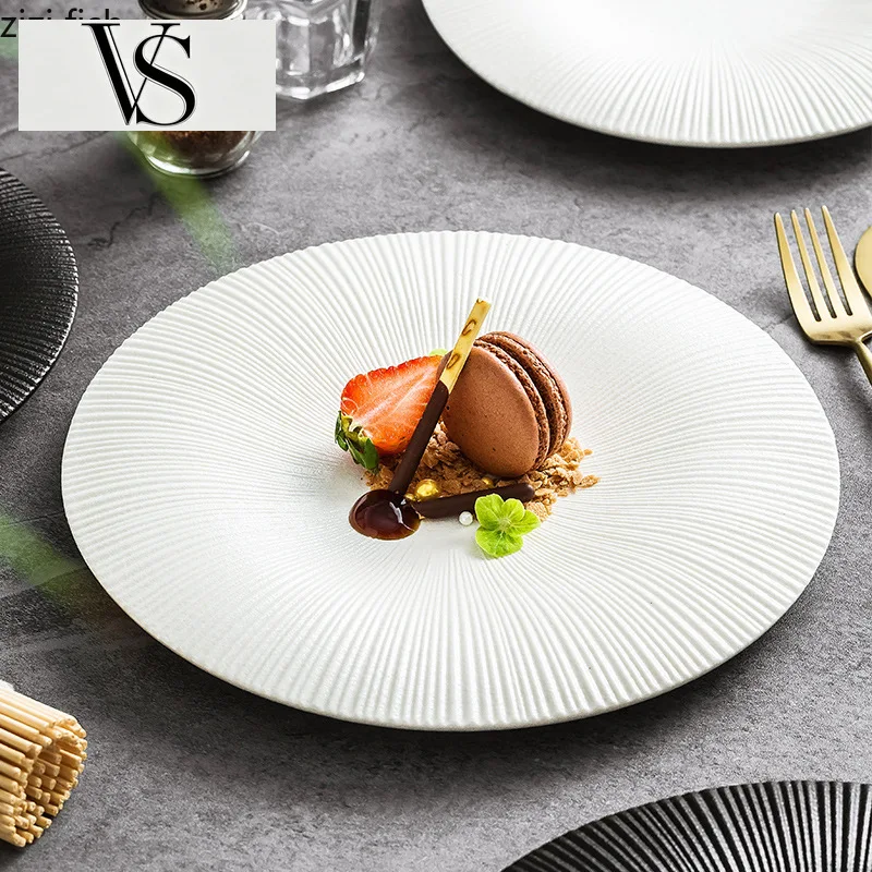 Plate Pasta Sushi Plates Restaurant Creative Molecular Cooking Tableware Frosted Ceramic Striped Shallow Plate Dessert