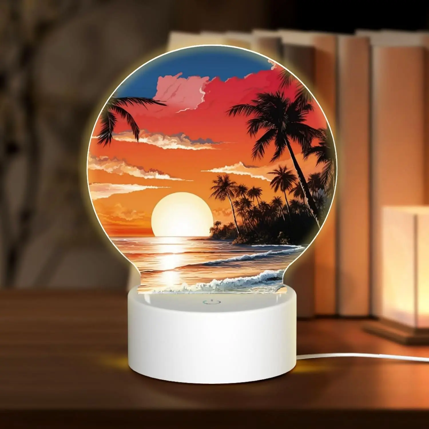 Tropical Beach Sunset Palm Tree Round Acrylic Night Light, LED Bedside Lamp Ocean Landscape Home Decor Gift