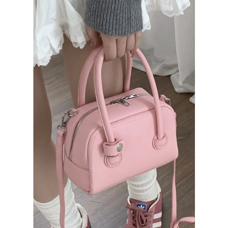 

Модная женская сумка-боулинг цвета сакуры, сумка через плечо для поездок на работу, из мягкого полиуретана, на молнии, в корейском стиле