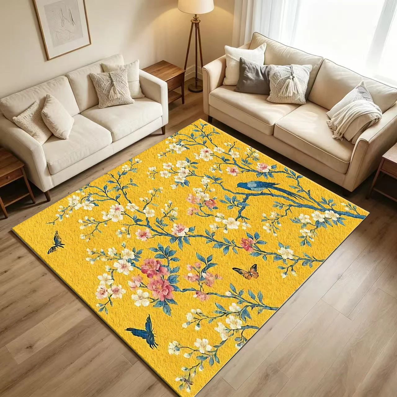 Bright Yellow Chinese-Style Floral and Bird-Patterned Carpet, Non-Slip and Washable Living Room Carpet, Oriental Retro Home Decor