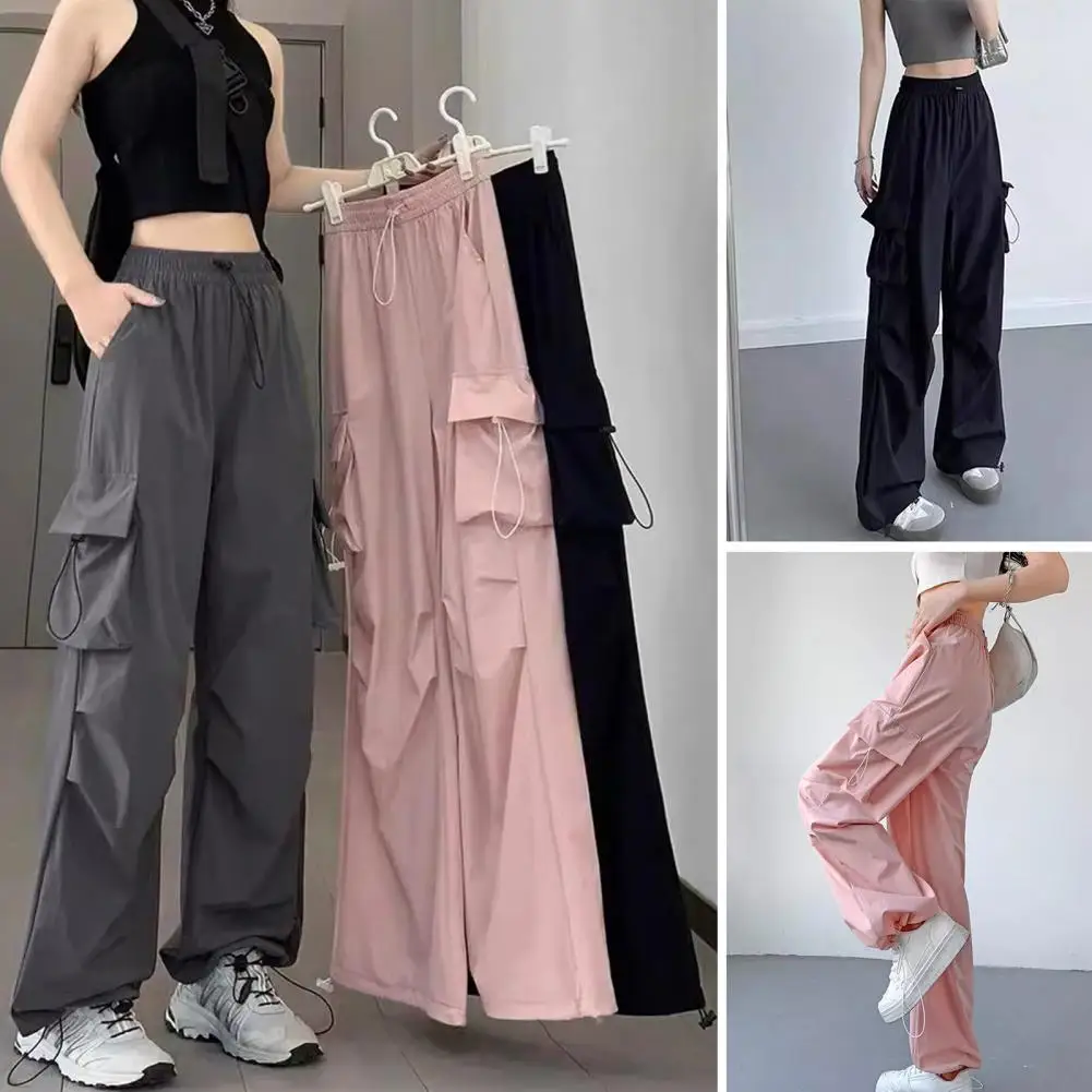 

Wide-leg Cuffed Cargo Pants Elastic Waistband Women's Cargo Pants Adjustable High Waisted Trousers with Multi Pockets Wide Leg