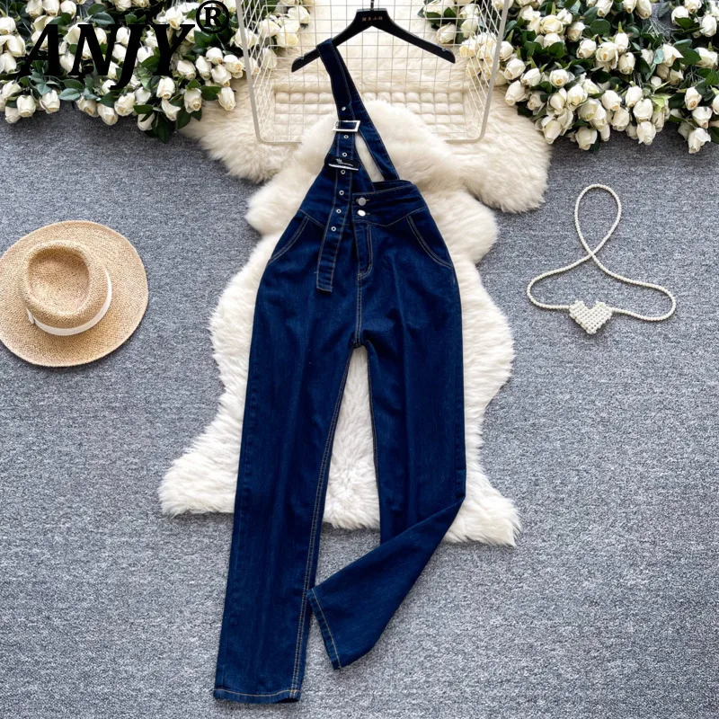 

ANJY Autumn New Women Tide Denim Overalls Solid Color Asymmetric Slim Fit Vintage High Street Y2K Casual Chic Pencil Pants A8820