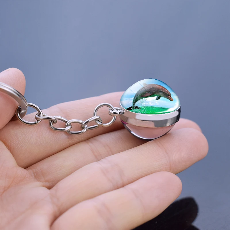 دولفين المفاتيح الدلافين الاشياء الزجاج سلسلة مفاتيح على شكل كرة المحيط الحيوان كيرينغ مفتاح مشبك حلقات المفاتيح المعدنية الكرة قلادة #2