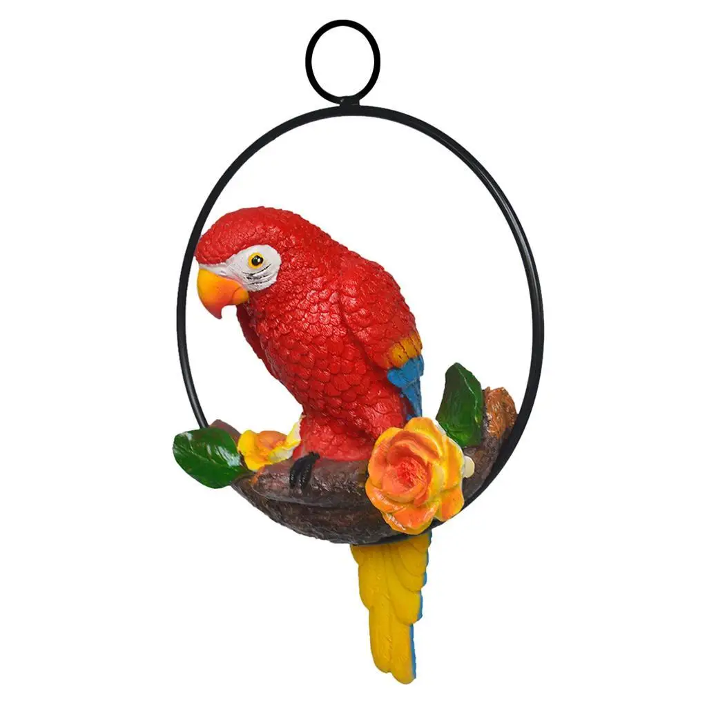 Hanging Resin Artificial Parrot Statue Perch on Metal Ring Garden Decor C