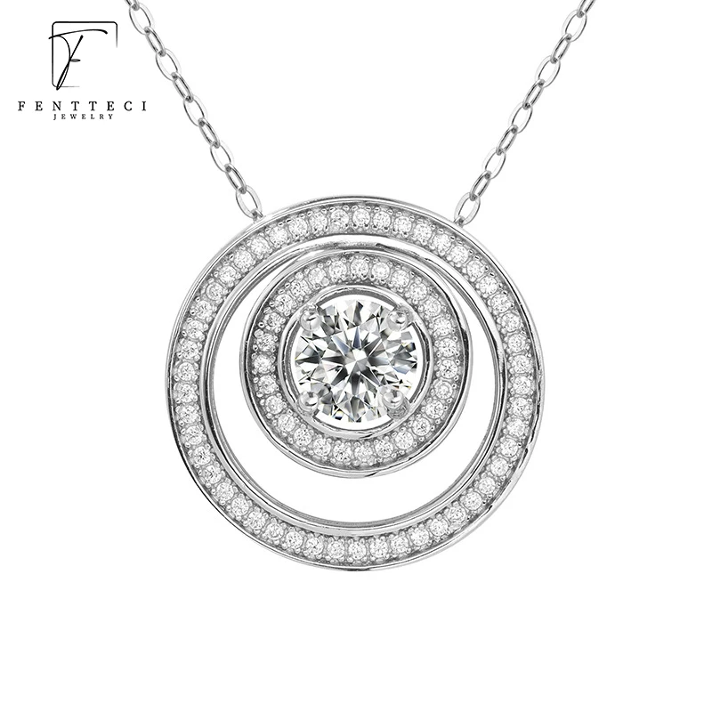 

FENTTECI Round Moissanite Pendant Necklace S925 Sterling Silver Pt950 Plated Clavicle Chain for Women Gift Party Fine Jewelry