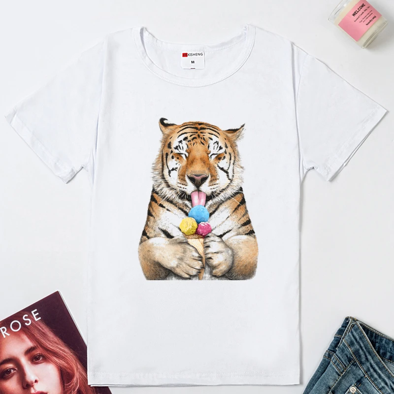 

Tiger eating ice cream Print Women t shirts Casual Short Sleeve O-Neck t-shirt 5 colors Tee Shirt