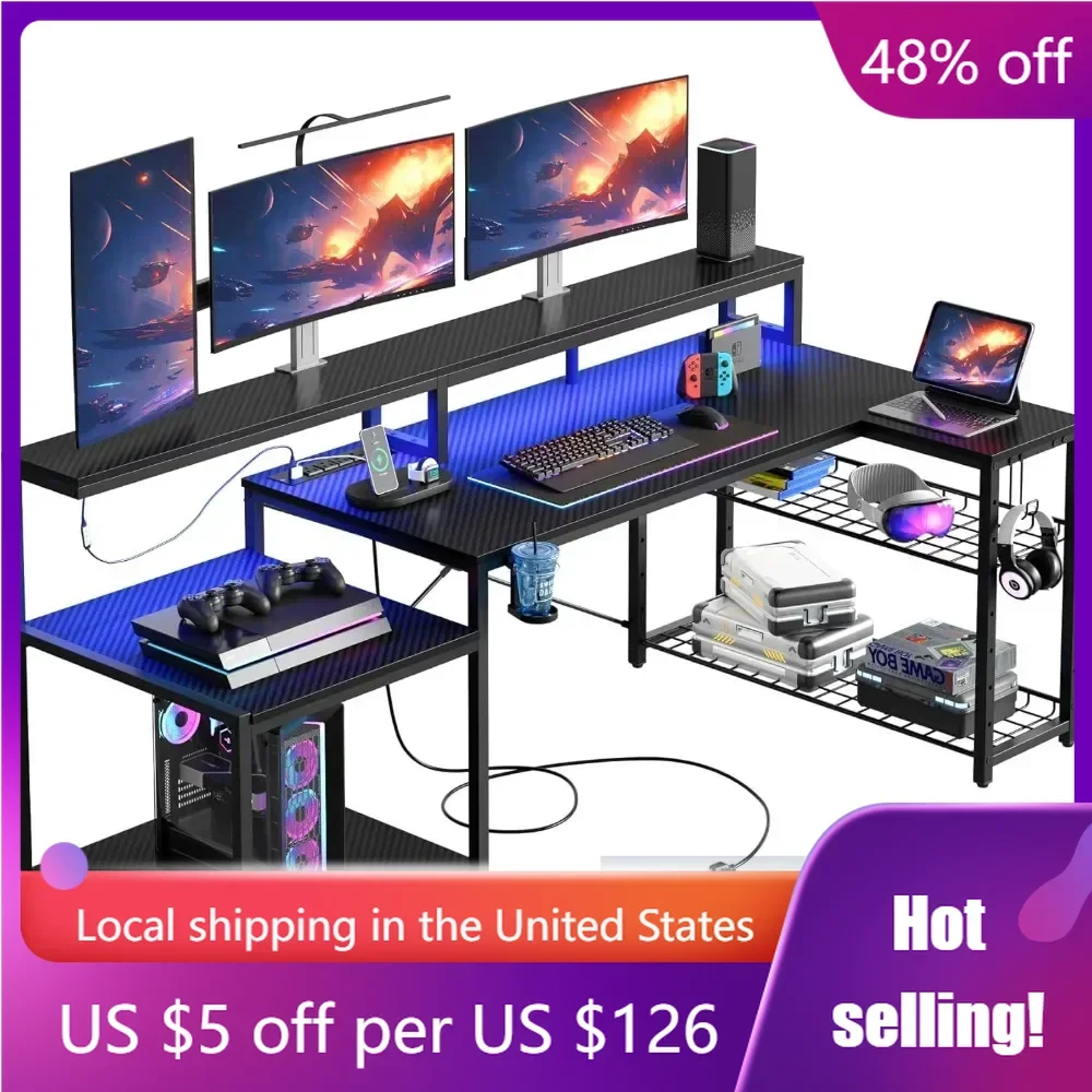 71.5 inch L Shaped Gaming Desk with Power Outlet and LED Monitor Stand,  Large Desk with Cup Holder & Headset Hooks,Carbon Fiber