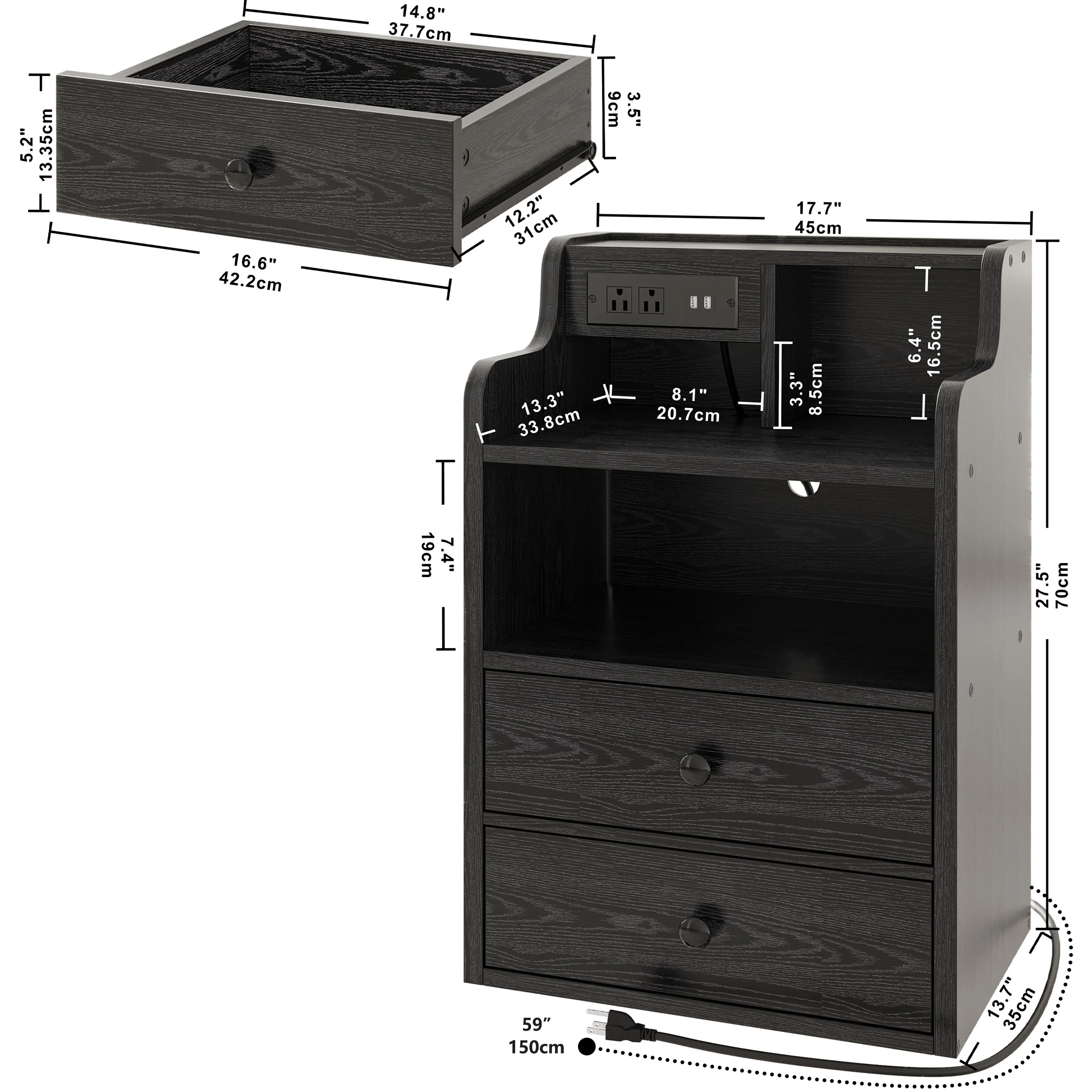 LIKIMIO Black Nightstand with LED Charging Station 2 Drawers LED and Storage Shelves, Left and Right Interchangeable Sockets