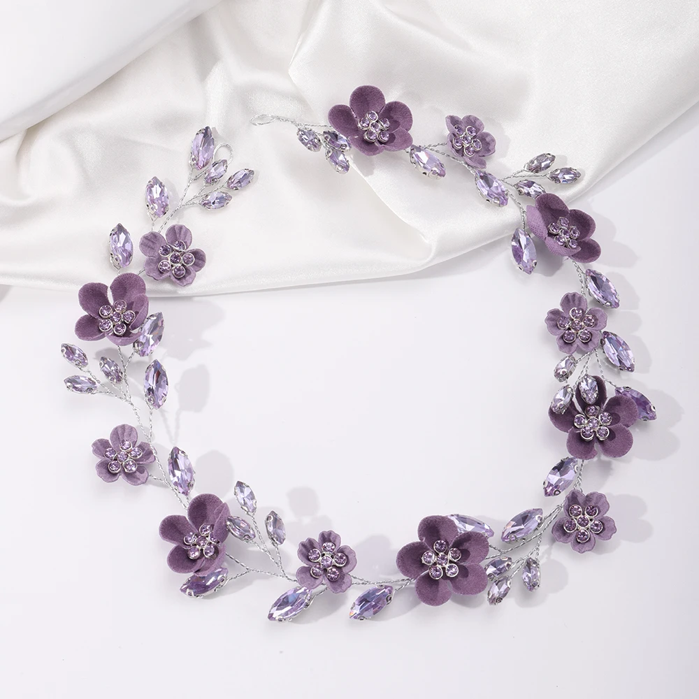 Rhinestone Purple Flower Bridal Headband Handmade Women 