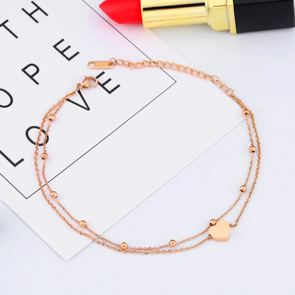 Lokaer New Fashion Double Layer Stainless Steel Heart Charm Anklets For Women Rose Gold Color Leg Bracelet Foot Jewelry A19026