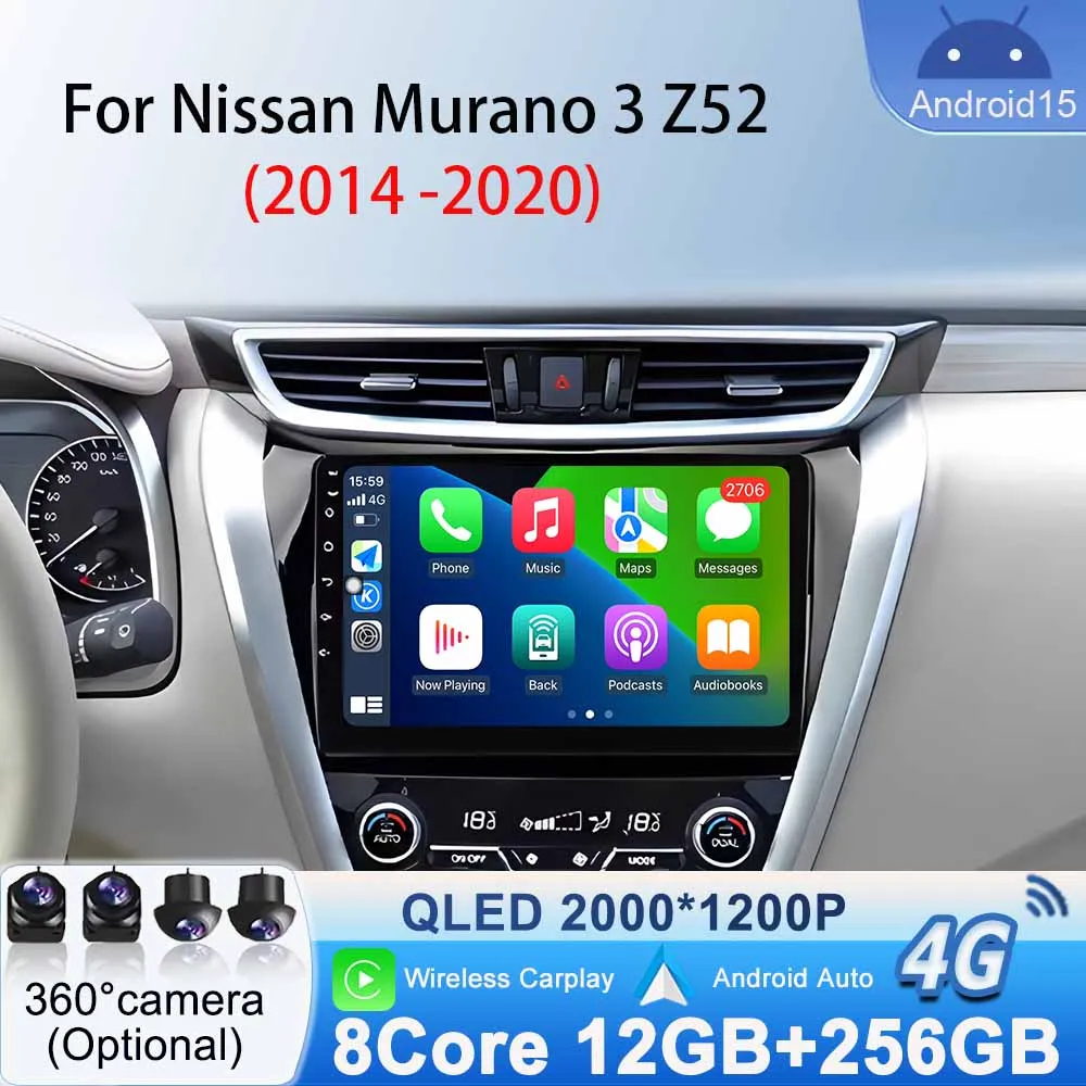 

Stereo GPS Navigation Car Radio for Nissan Murano 3 Z52 2014 - 2020 Android 15 Multimedia Video Player Carplay Android Auto WiFi