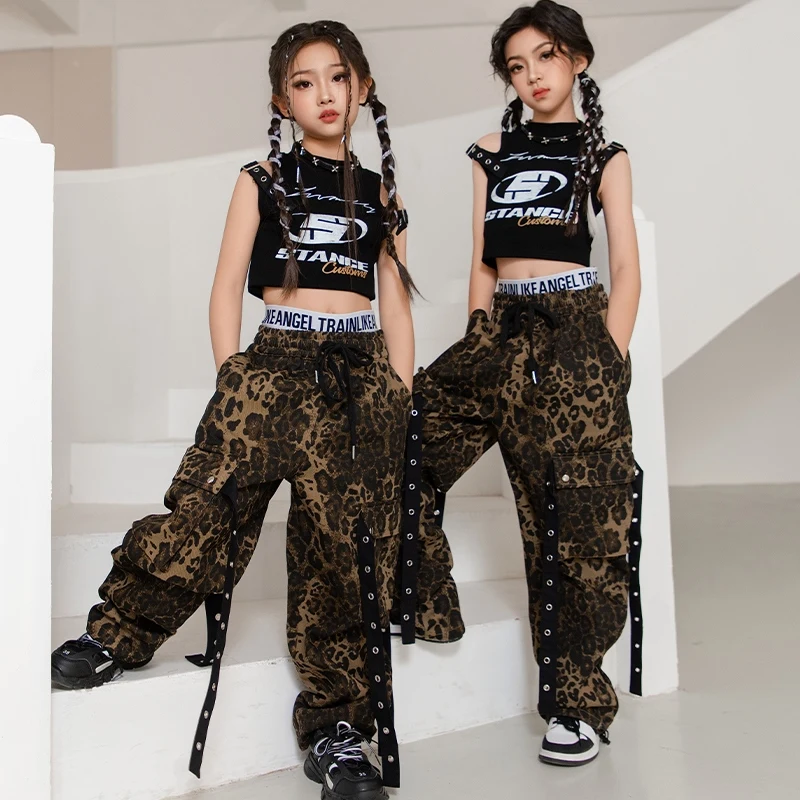 

Уличная одежда для девочек, костюм для джазовых танцев, детская одежда в стиле хип-хоп, жилет, брюки-карго с леопардовым принтом, костюмы для рейва, DN20395