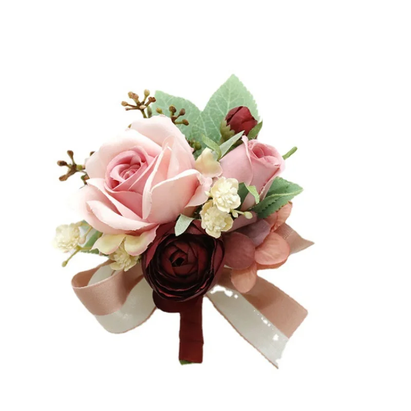 Nuovo polso corpetto braccialetto damigella d'onore fiore matrimonio sposo Boutonniere seta rosa spilla da sposa matrimonio polsino polsini