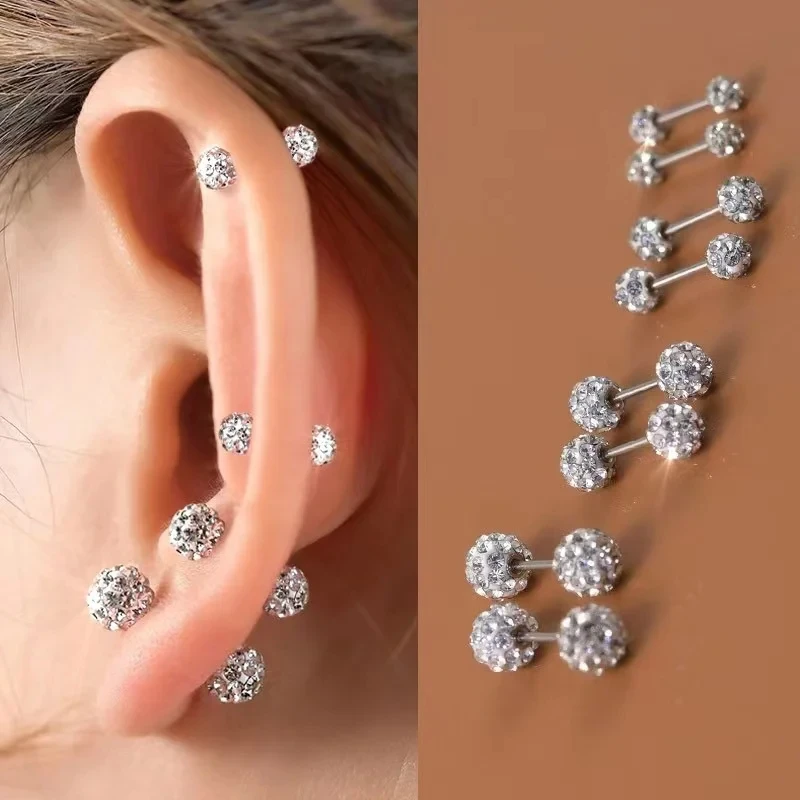 1 Pair Stainless Steel Double-sided Shiny Cubic Zirconia Ball Cartilage Barbell Stud Earrings for Men Women Daily Wear Jewelry