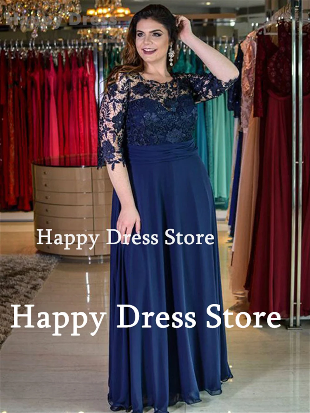 Dark Blue Mother Dress O-Neck Half Sleeves Lace Appliques Formal Evening Dress Floor-Length Chiffon Party Gown Bridesmaid Dress