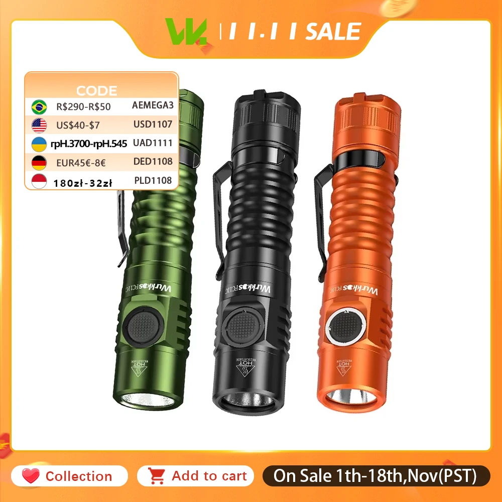 Wurkkos FC11C Flashlight Nippon Chemical 519A Mountaineering Edition 18650 Battery Max Output 1200 Lm USB-C Charging Daily Carry