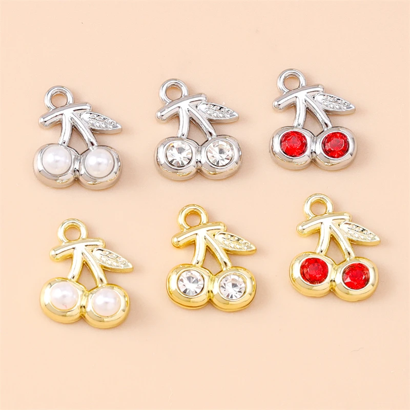 5 Stück 11x13mm Niedliche Mini-Kristall-Metall-Frucht-Kirsch-Anhänger für Schmuckherstellung, Halsketten, Ohrringe, Armbänder, DIY-Bastelgeschenk – Detail 2