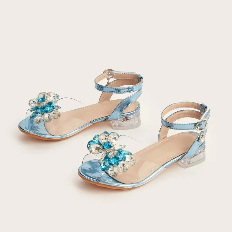 أحذية أطفال كاجوال أحذية بكعب منخفض مفتوحة من الأمام كريستال بولي PU أحذية ربيعية من الجلد للفتيات أحذية مضادة للانزلاق باللون الوردي والأزرق مقاس 27-36