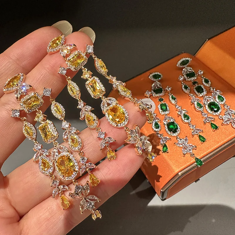 

14mm Square Cut Halo Tassel Earrings with Green Pink Cubic Zirconia Vintage Sparkling Chunky Statement Party Jewelry for Women