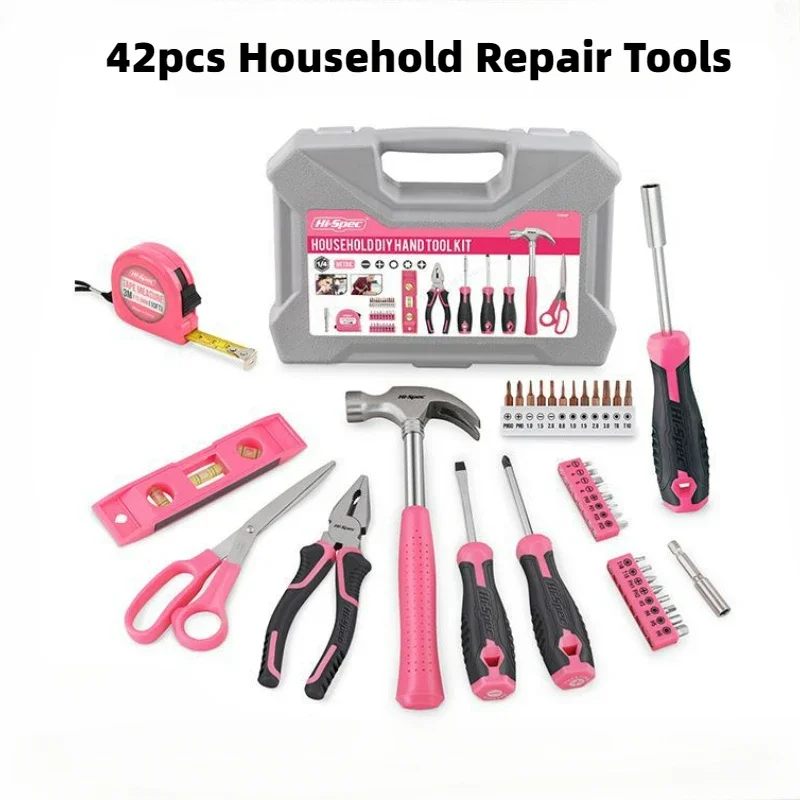 

DIY Home Repair Tool Box Pink/Red 42 Pieces Multifunctional Hand Tool Combination Electronic Repair