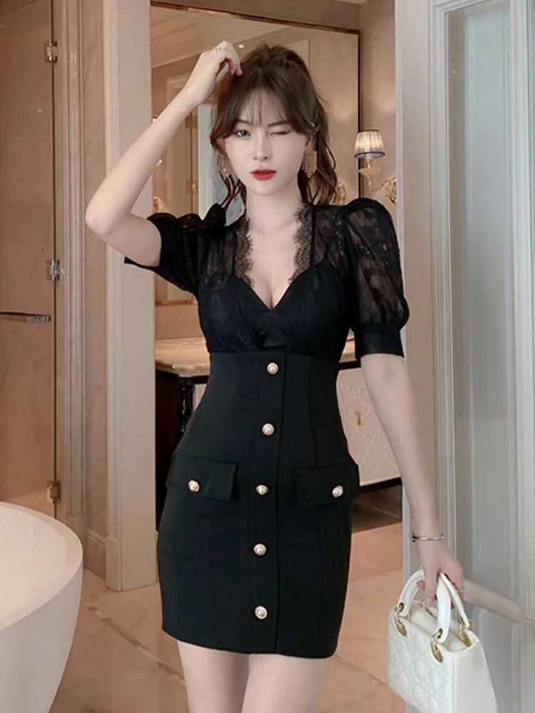 New Arrival Fashion Bodycon Night Club Party Dress Women Elegant Summer Sexy Perspective Lace Temperament OL Black Mini Dress