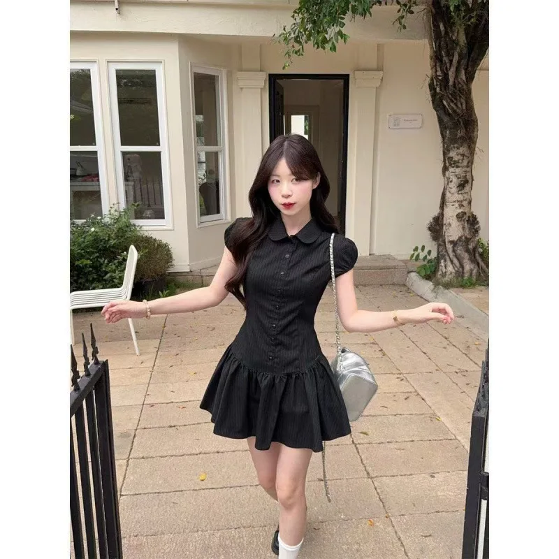 Sweet And Spicy Black Stripe  Neck Short Sleeve Dress Women's A-Line Waist-Cinching Slimming Spring Summer Fashionable Co...