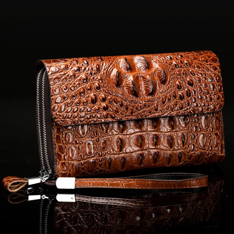 Business Crocodile Pattern Men\'s Clutch bag with Wrist Strap Large Long Split Leather Male Hold bags Wallets Card Holder Purse