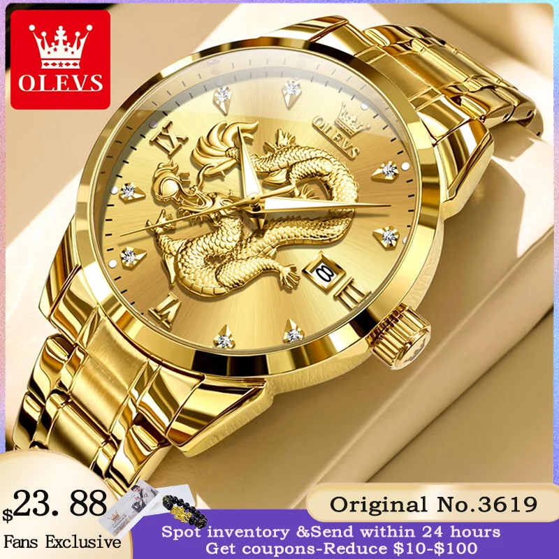 OLEVS 3619 Men's Watch Luxury Dragon Dial Diamond Watch Brand Business Waterproof Stainless Steel Calendar Men's Quartz Watch