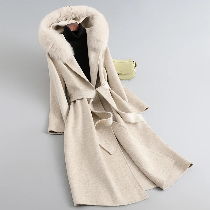 

Fashionable 2023 Fall Winter Long Wool Blend Coat with Hood Lady Women 100% Wool Fox Fur Collar Warm Overcoat Parka JT3416