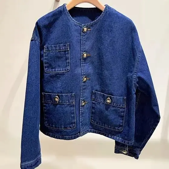 

Spring/Summer Women O-Neck Single Breasted Pocket Solid Denim Set Long Sleeve Button Coat + High Waist Elegant Wide Leg Jeans