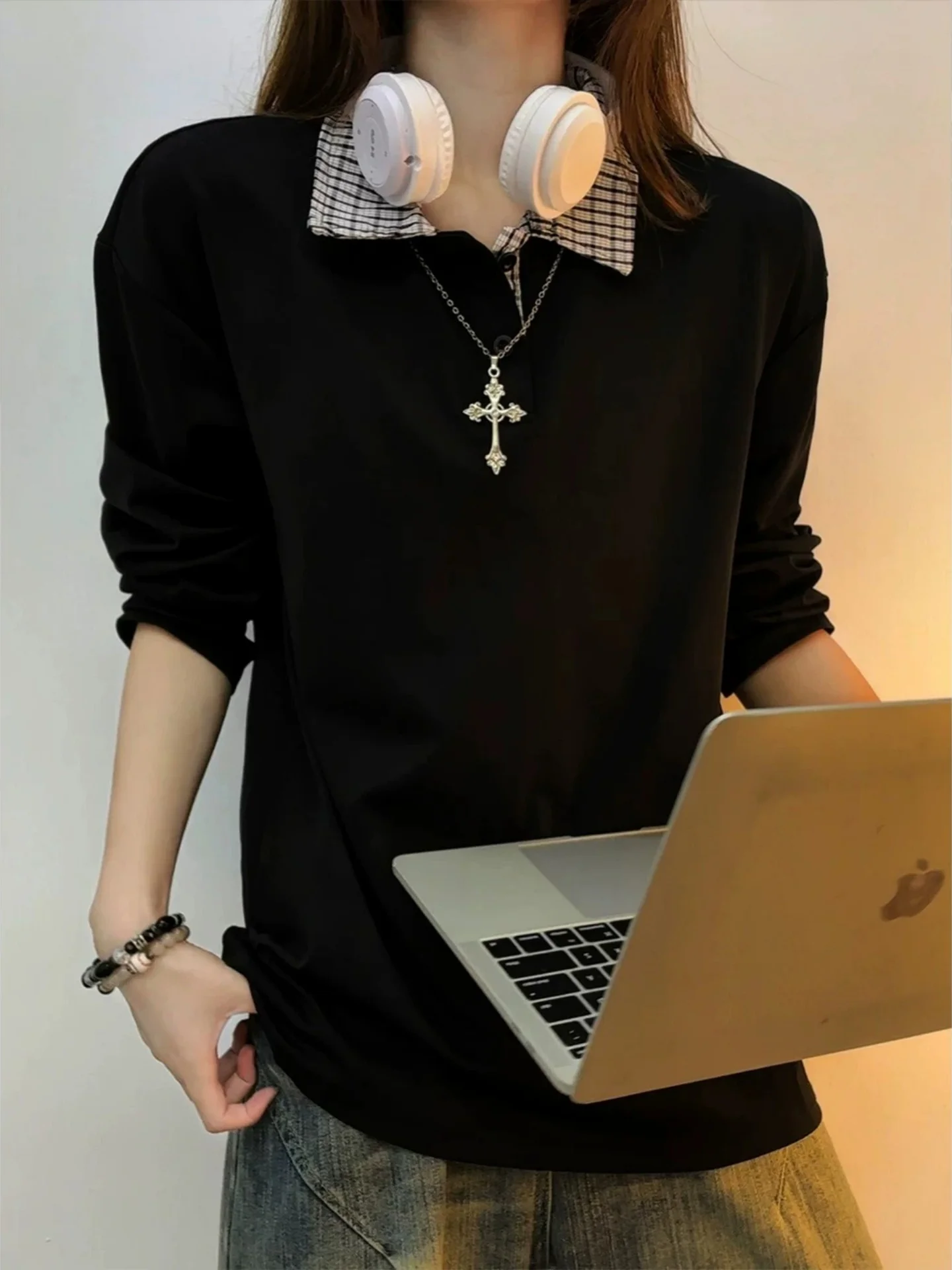 Spring Autumn Plaid Splicing  Collar Long Sleeve Men's Sweatshirt Cleanfit Shoulder High Grade T-shirt Casual Streetwear