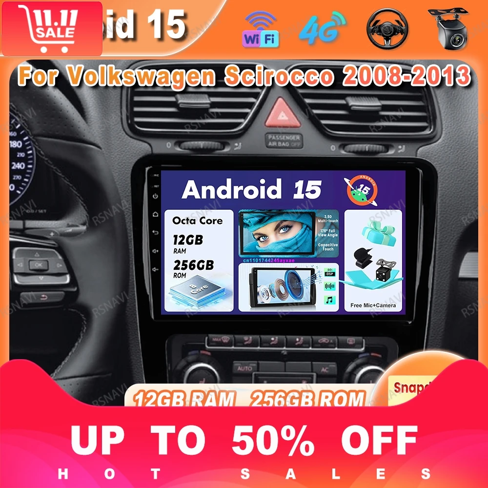 راديو السيارة أندرويد 15 لسيارة فولكس فاجن شيروكو 2008-2013 وحدة رئيسية مشغل فيدو كوالكوم نظام تحديد المواقع اللاسلكية Carplay Auto DSP 4G LTE DVD #1