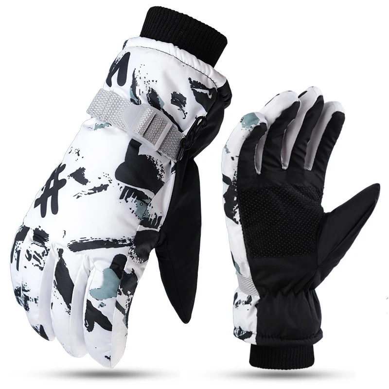 1Pair Ski Glove Winter Men And Women Cold Padded Thickened Cotton Waterproof Non-Slip Outdoor White Graffiti