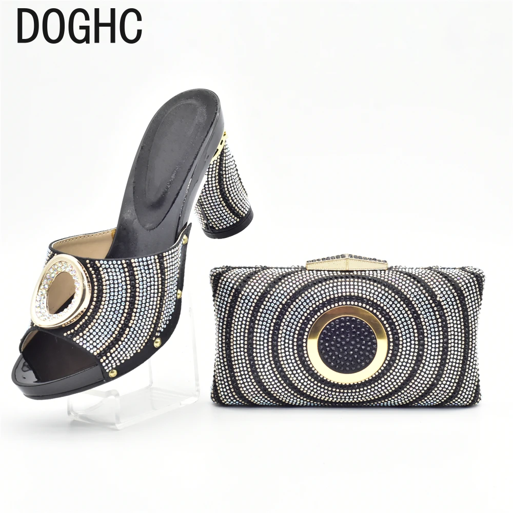 

Latest African Matching Shoes and Bags Italian In Women Black Color Italian Ladies Shoes and Bag Set Decorated with Rhinestone