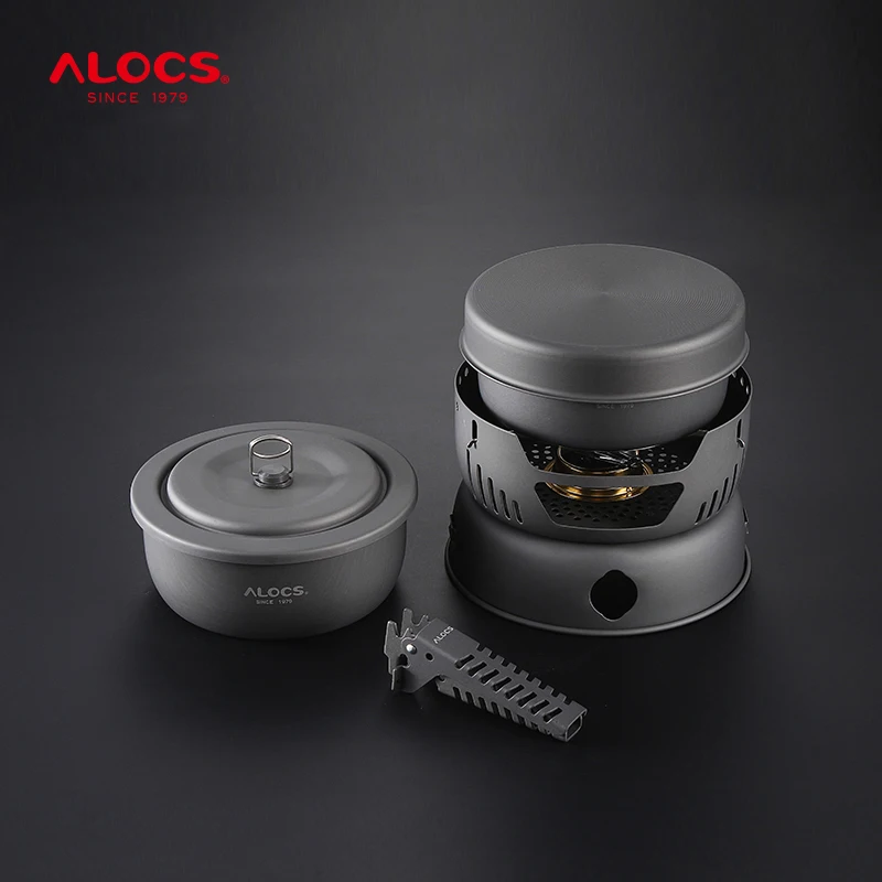 Alocs Camping Alcohol Stove Cooking Set Outdoor Cookware with Gripper for Hiking Picnic for 2-3 Person