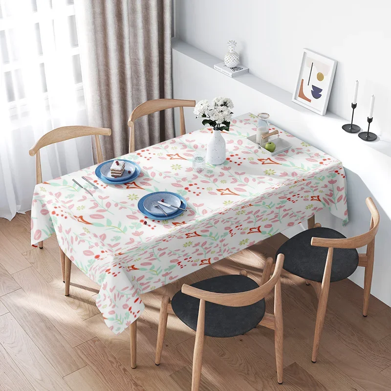 Modern Style Floral Dining Tablecloth Bright White Fabric with Red Green Patterns for Kitchen Decoration