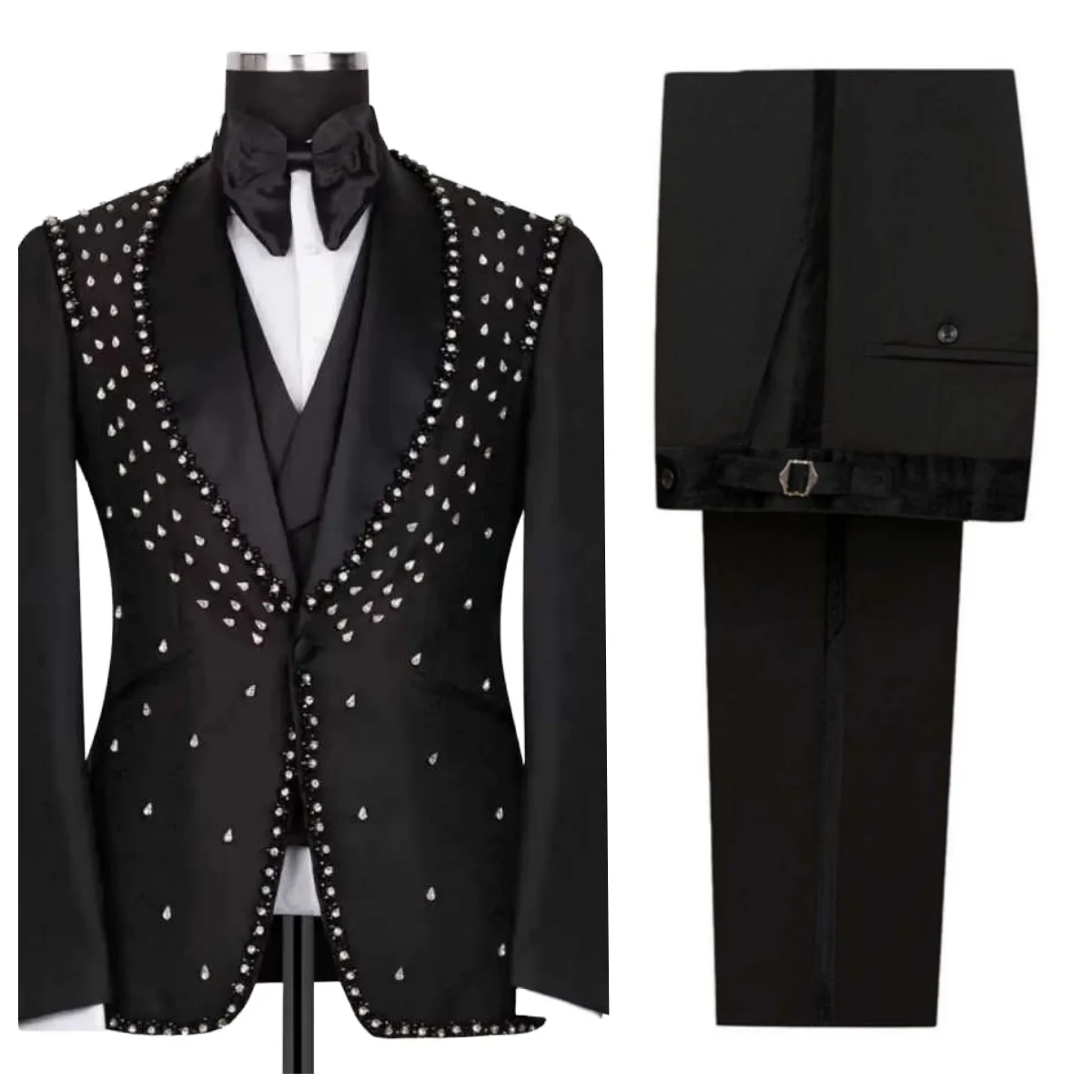 

Luxury Crystals Groom Wedding Tuxedos Shawl Lapel One Button Pant Sets Slim Fit Business Party Jacket Customized