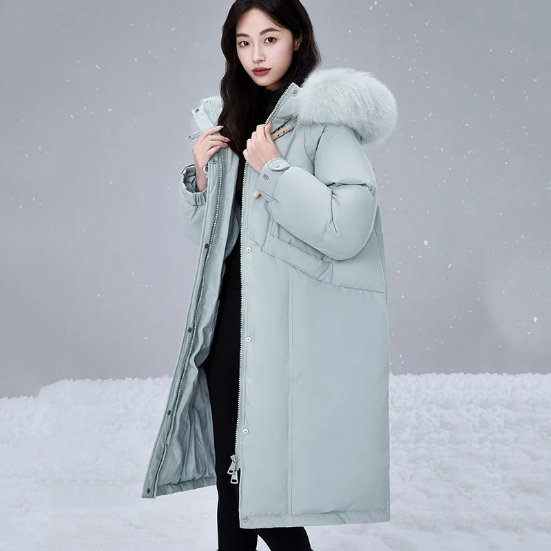 الشتاء الدافئة مقنعين 95 الأبيض بطة أسفل المرأة أسفل سترة 2025 جديد عالية الجودة سميكة الثعلب الفراء طوق المرأة أسفل سترة H495