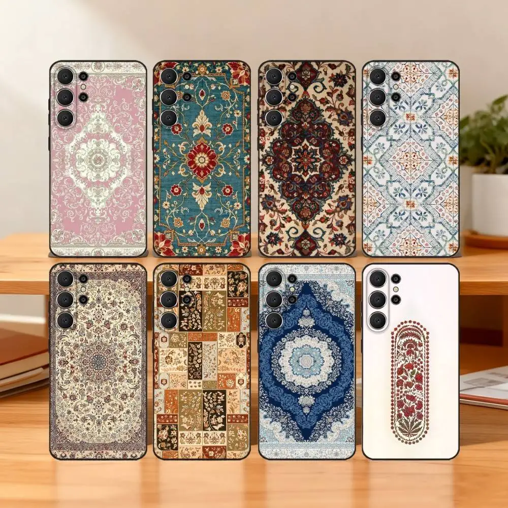 

Persian Carpet Floral Pattern Phone Case For Samsung S25,24,23,22,30,21,10,9,Ultra,Plus,Lite,FE Soft Black Case