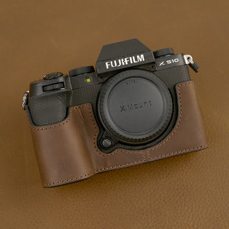 Chất Lượng Cao Handmade Da Thật Chính Hãng Da Nửa Túi Máy Ảnh Dành Cho Máy Ảnh FUJIFILM X-S10 Với Pin Mở Cửa