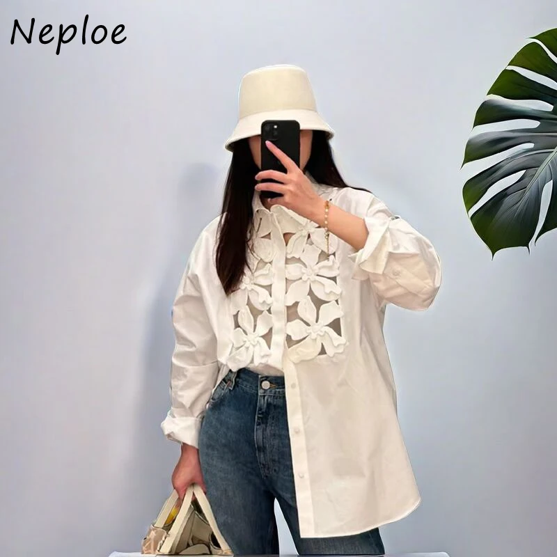 Neploe 3D Flower Hollow Out Shirts Women Elegant Lapel Neck Single Breasted Blouses Y2k Ong Sleeve Loose Blusas Mujer