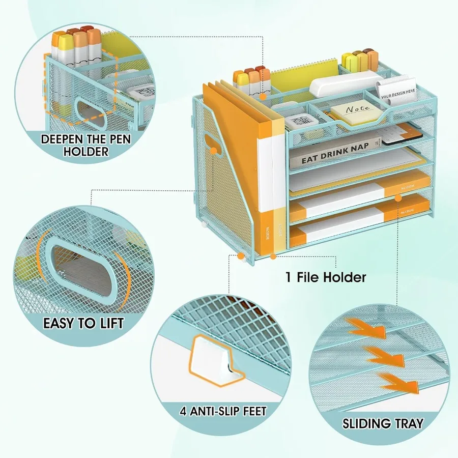 صينية رسائل ورقية مكونة من 5 طبقات مع حامل ملفات و3 حاملات أقلام شبكية منظم ملفات مكتب مع مقبض للمدرسة الفعالة H #5