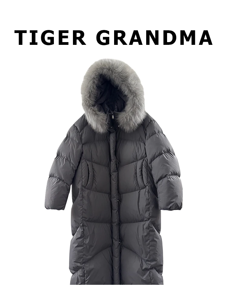 

Пуховик с длинным меховым воротником, теплый зимний пуховик свободного кроя с капюшоном, 90% белый пух, утолщенный, с длинными рукавами