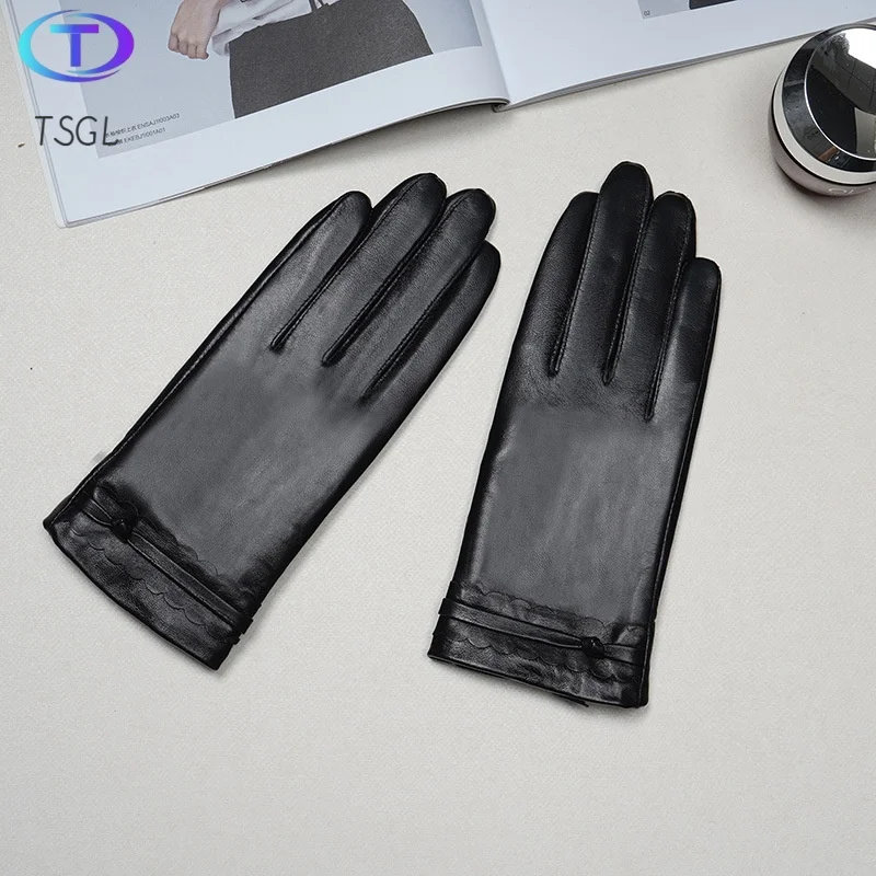 Simple Real Genuine Leather Gloves Women Warm Black Sheep Skin Winter Girls Real Leather Glove Driving Warm Ladies Glove