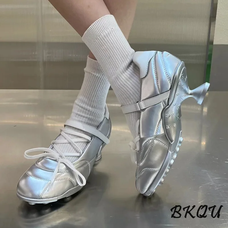 

BKQU Silver Science Technology with Bow Sports Style Ballet Shoes 2025 Spring New Design Sense Kitten with German Training Shoes