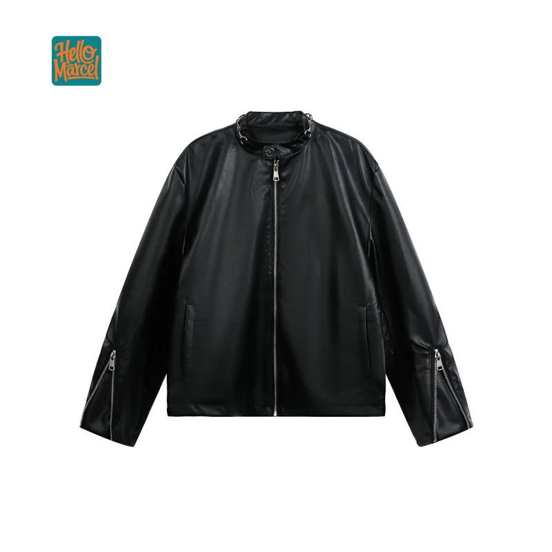 HELLOMARCEL Luxury Quality EU US Size Men Street Jacket Autumn Retro Motor Work Stand-Up Collar PU Leather Jacket