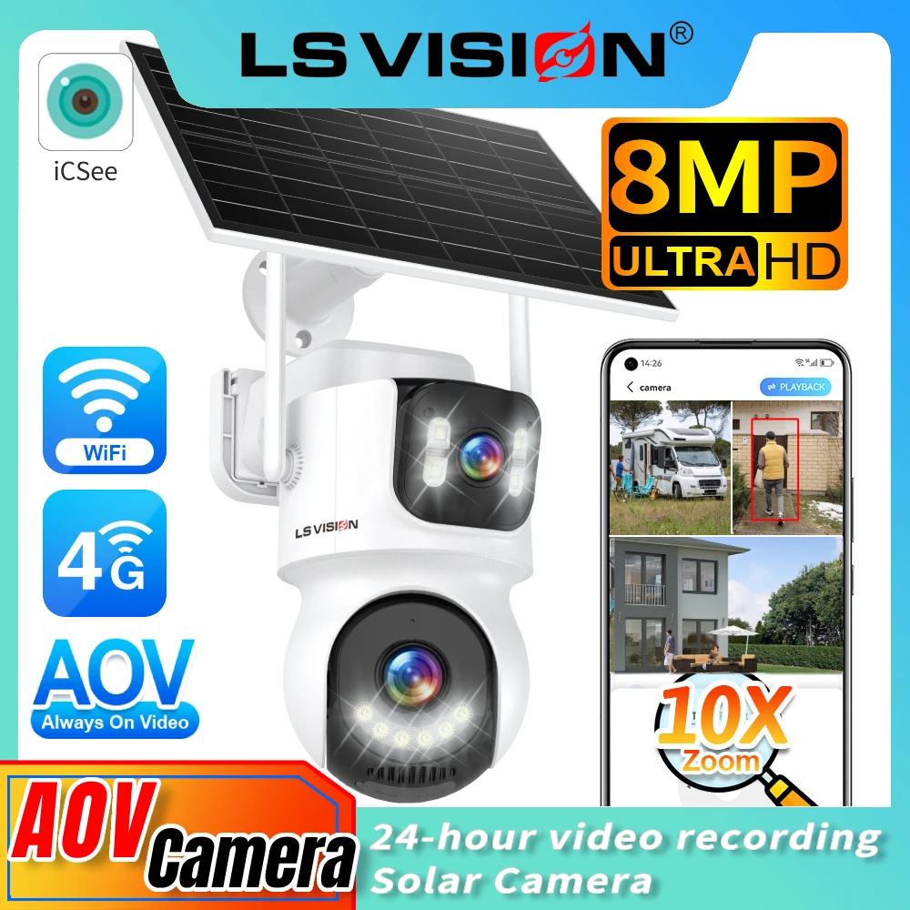 

LS VISION 4K AOV 4G/Wi-Fi Солнечная камера 24/7 Запись Открытый 3-экран 10-кратный зум Автоматическое отслеживание человека Солнечные камеры безопасности iCSee
